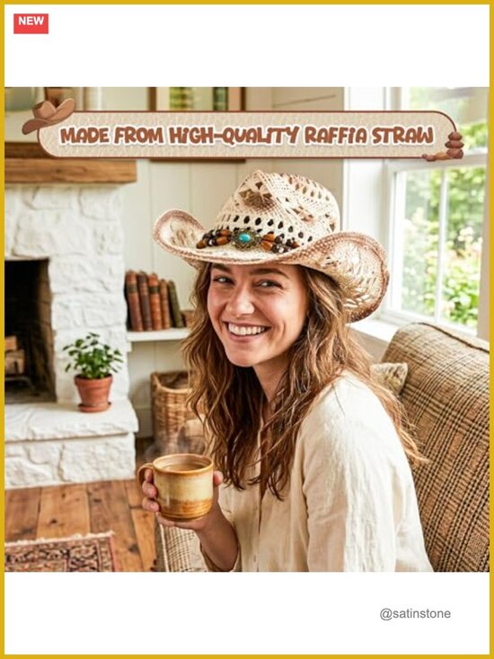Unisex Western Straw Cowboy Hat with Decorative Bead & Leather Band main image 6